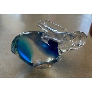 Vintage 4” Blue Glass Resting Bunny Rabbit Paperweight